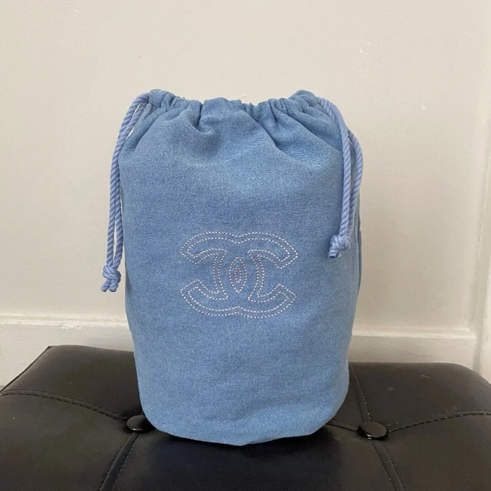 New Chanel Beauty GWP Light Blue Denim Drawstring Pouch Makeup Cosmetic Bag